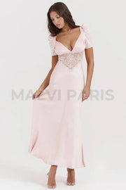 Rafaela Soft Peach Pure Silk & Lace Dress Maxi - Pink