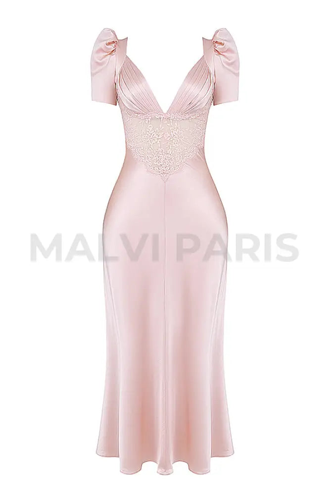 Rafaela Soft Peach Pure Silk & Lace Dress Maxi - Pink