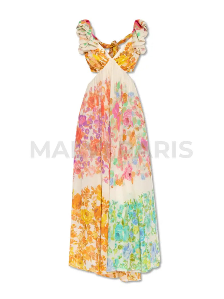 Raie Floral-Print Frill Midi Dress In Multi Floral - White Dresses