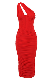 Valentina Scarlet Asymmetric Cutout Midi Dress - Red