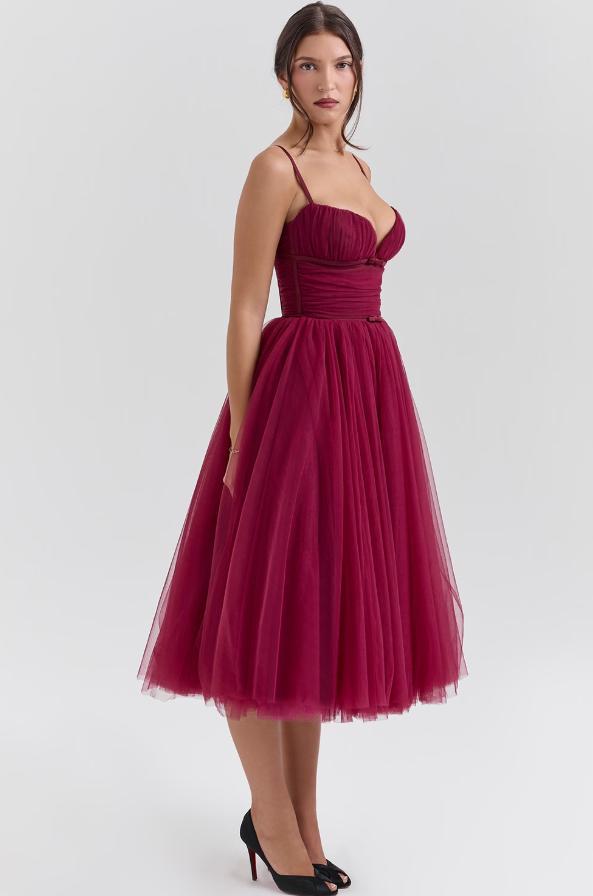 Countess Black Tulle Ruched Bodice Midi Dress - Dark red