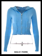 Restock Aimee Zip Up Soft Cloud Knit Hoodie Top - Light Blue