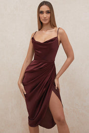 REVA  RAISIN SATIN BALCONY CORSET MIDI LONG DRESS - Dark Red - MALVI PARIS