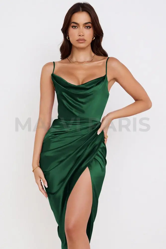 REVA  EMERALD SATIN BALCONY CORSET MIDI LONG DRESS - Dark Green/Red - MALVI PARIS