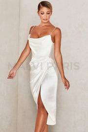 REVA  IVORY SATIN BALCONY CORSET MIDI LONG DRESS - White - MALVI PARIS