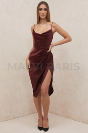 REVA  RAISIN SATIN BALCONY CORSET MIDI LONG DRESS - Dark Red - MALVI PARIS