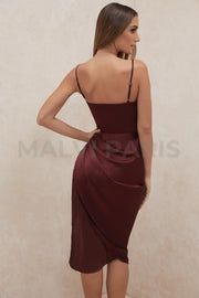 REVA  RAISIN SATIN BALCONY CORSET MIDI LONG DRESS - Dark Red - MALVI PARIS