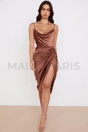 REVA  TOFFEE SATIN BALCONY CORSET MIDI LONG DRESS - Brown - MALVI PARIS