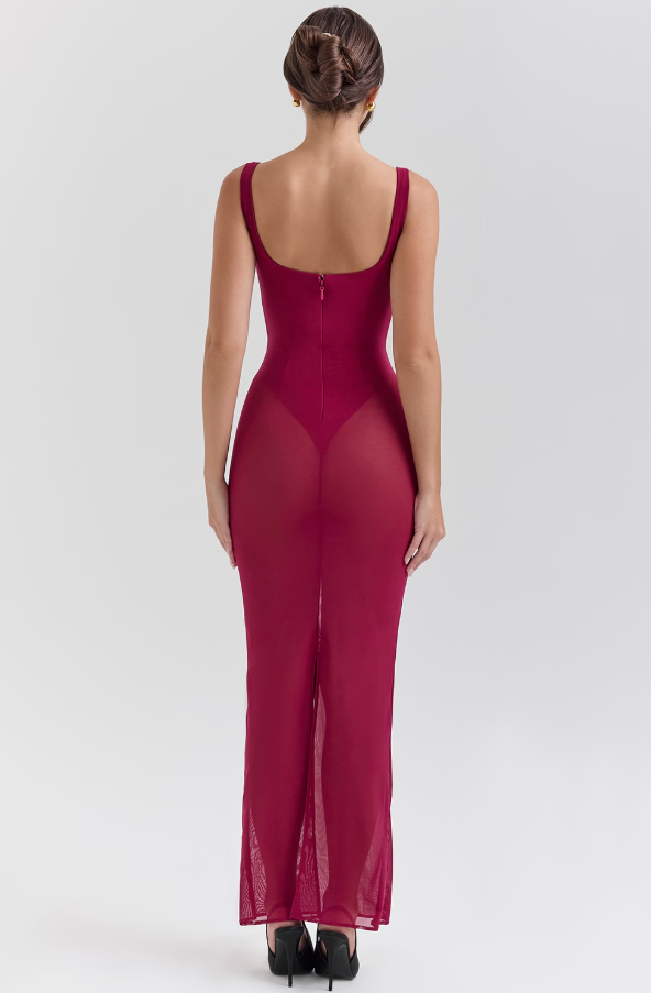 Robina Wine Stretch Mesh Maxi Dress - Dark Red