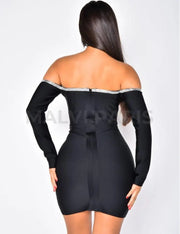 Shine Shoulder Long Sleeve Diamond  Dress - Black - MALVI PARIS