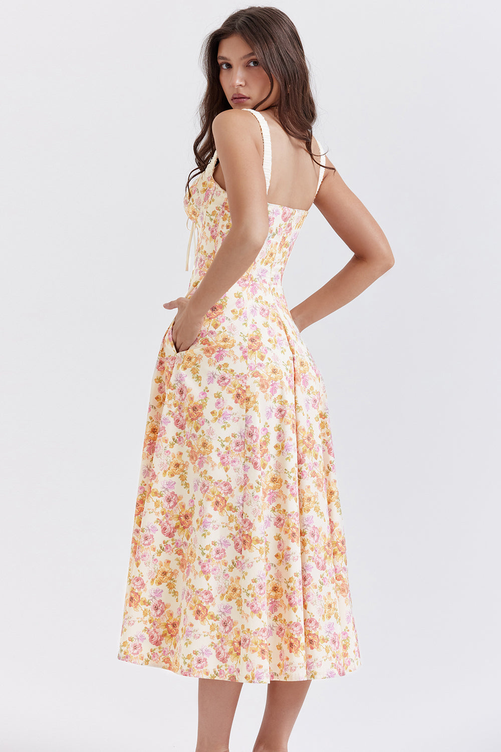 SABRINA IVORY PRINT BUSTIER SUNDRESS MIDI DRESS - Pink