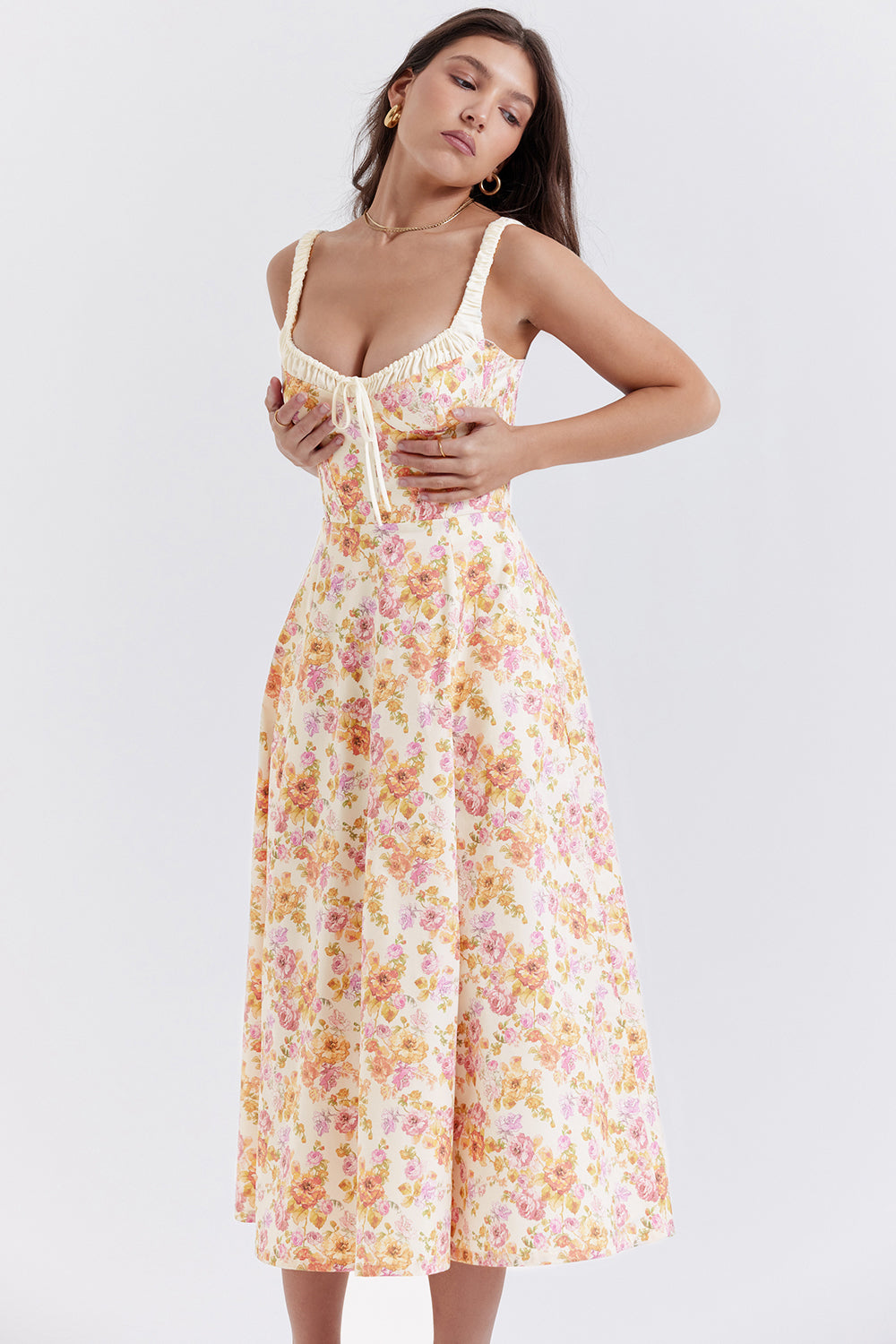 SABRINA IVORY PRINT BUSTIER SUNDRESS MIDI DRESS - Pink