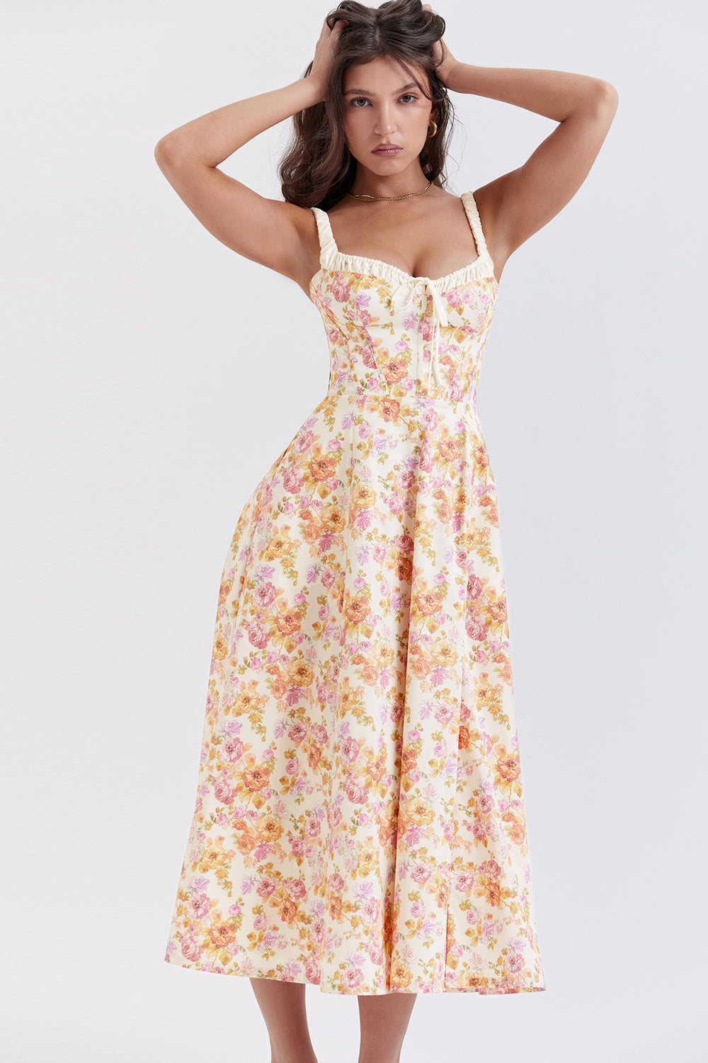 SABRINA IVORY PRINT BUSTIER SUNDRESS MIDI DRESS - Pink