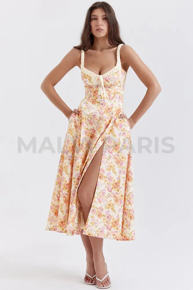 Sabrina Ivory Print Bustier Sundress Midi Dress - Pink