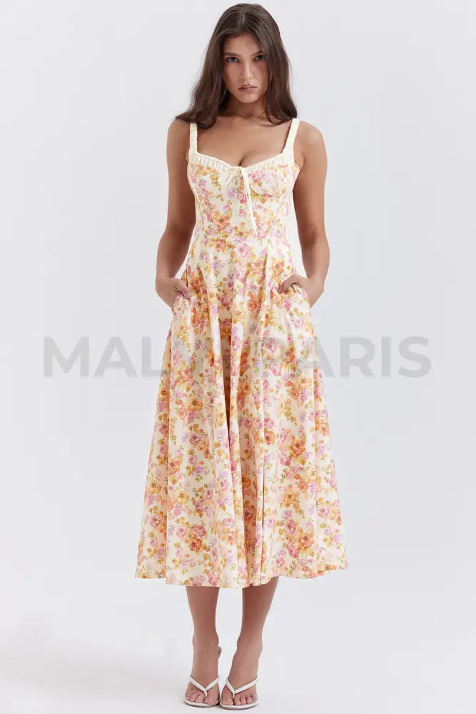 Sabrina Ivory Print Bustier Sundress Midi Dress - Pink