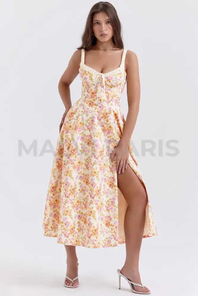 Sabrina Ivory Print Bustier Sundress Midi Dress - Pink