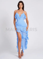 Santorini Rayon Ruffle Cut Out Asymmetric Cocktail Maxi Dress - Blue Dresses