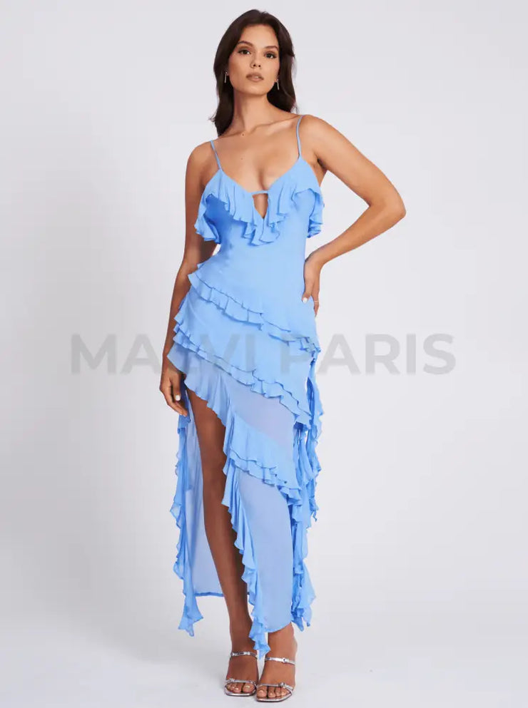 Santorini Rayon Ruffle Cut Out Asymmetric Cocktail Maxi Dress - Blue Dresses