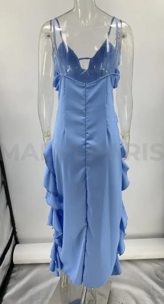 Santorini Rayon Ruffle Cut Out Asymmetric Cocktail Maxi Dress - Blue Dresses