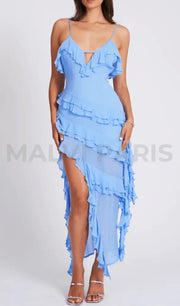 Santorini Rayon Ruffle Cut Out Asymmetric Cocktail Maxi Dress - Blue Dresses