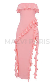 Sarina Aprico Ruffle Asymmetric Cocktail Maxi Dress - Pink Dresses