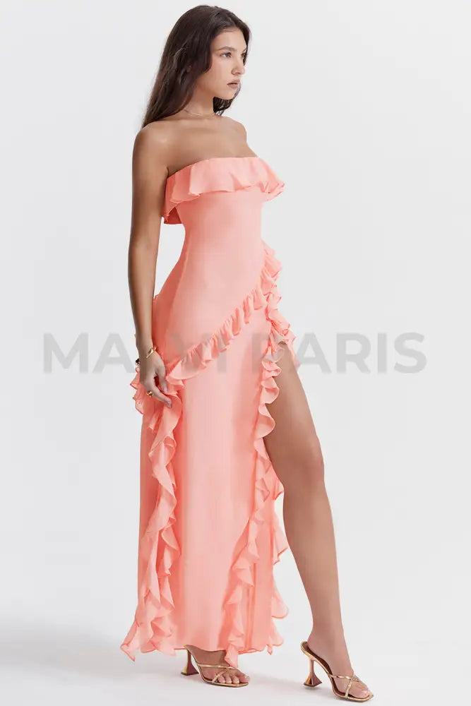 Sarina Aprico Ruffle Asymmetric Cocktail Maxi Dress - Pink Dresses