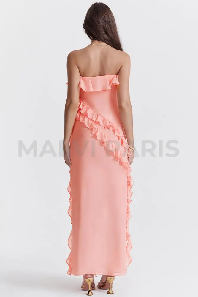 Sarina Aprico Ruffle Asymmetric Cocktail Maxi Dress - Pink Dresses