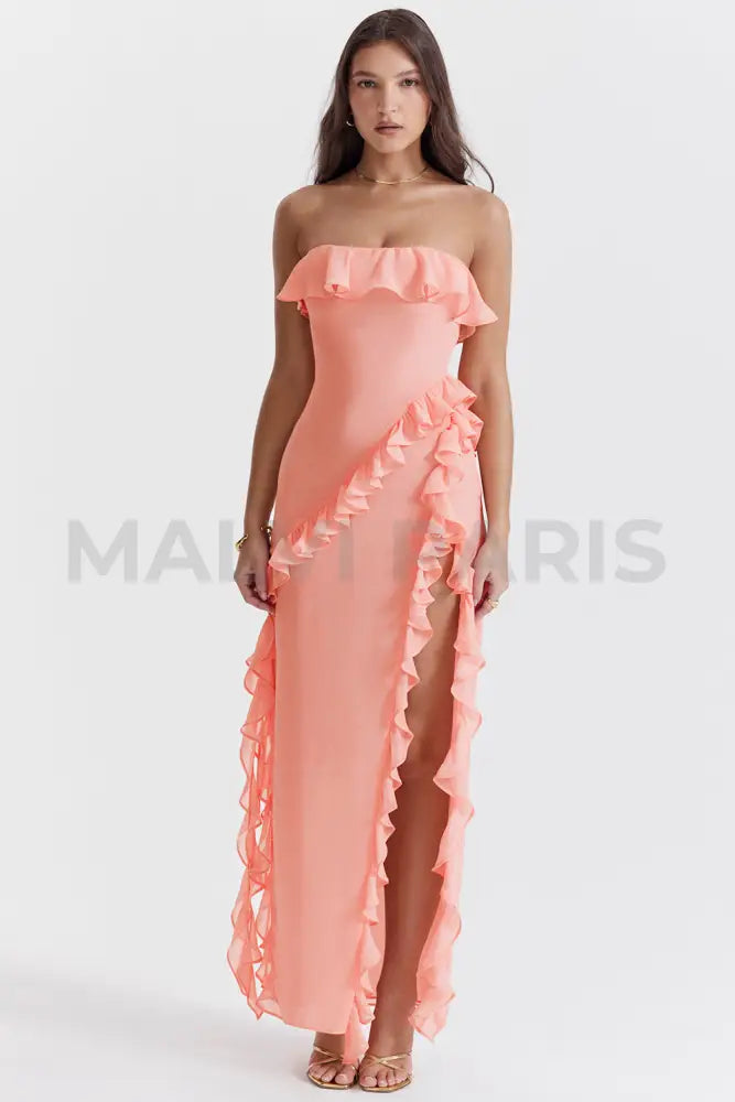 Sarina Aprico Ruffle Asymmetric Cocktail Maxi Dress - Pink Dresses