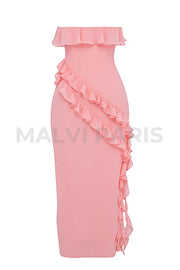 Sarina Aprico Ruffle Asymmetric Cocktail Maxi Dress - Pink Dresses