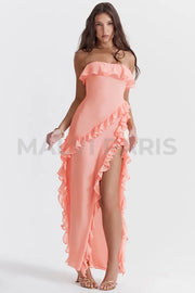 Sarina Aprico Ruffle Asymmetric Cocktail Maxi Dress - Pink Dresses