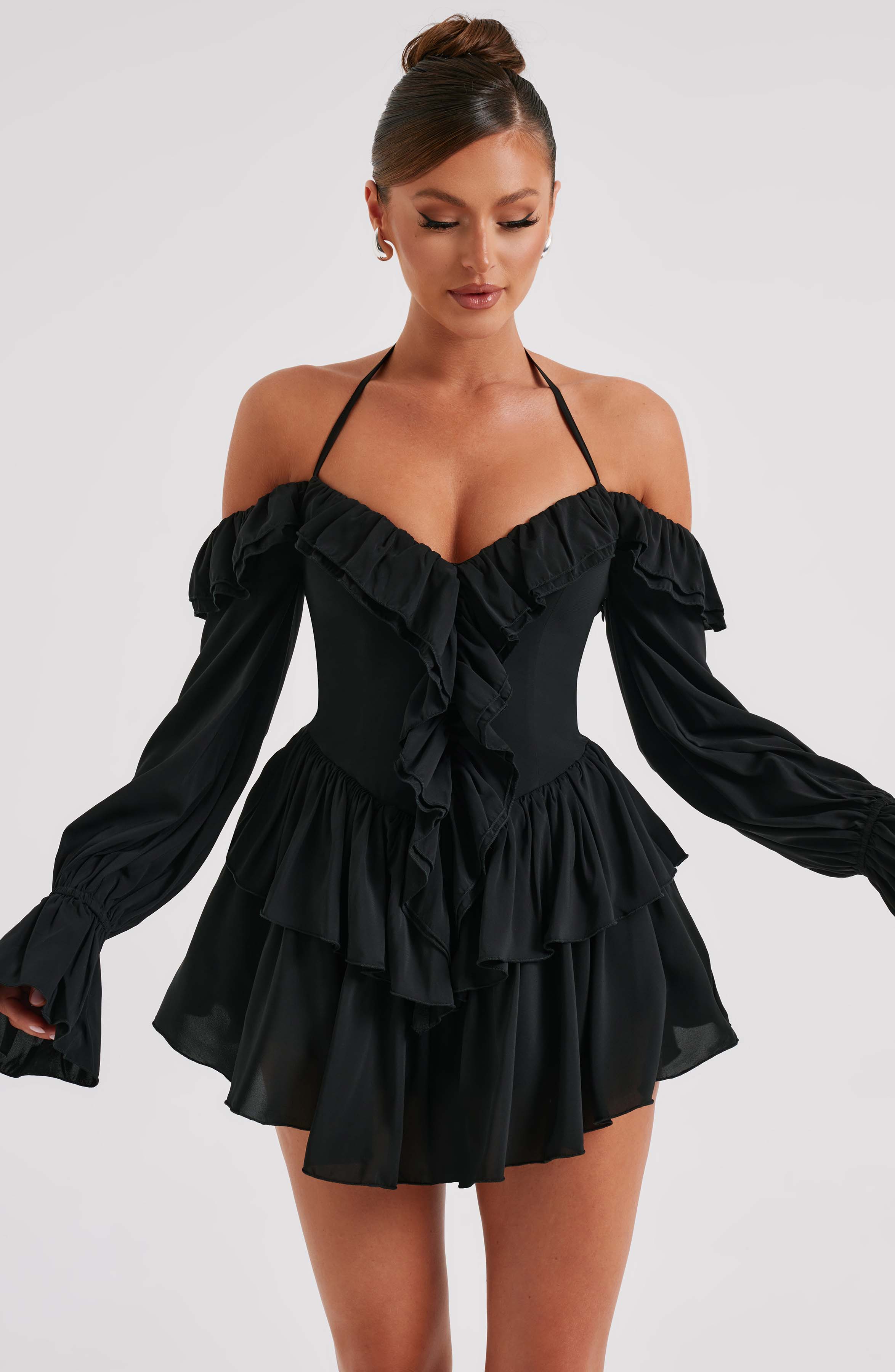 LYON OFF SHOULDER RUFFLE MINI DRESS - Black