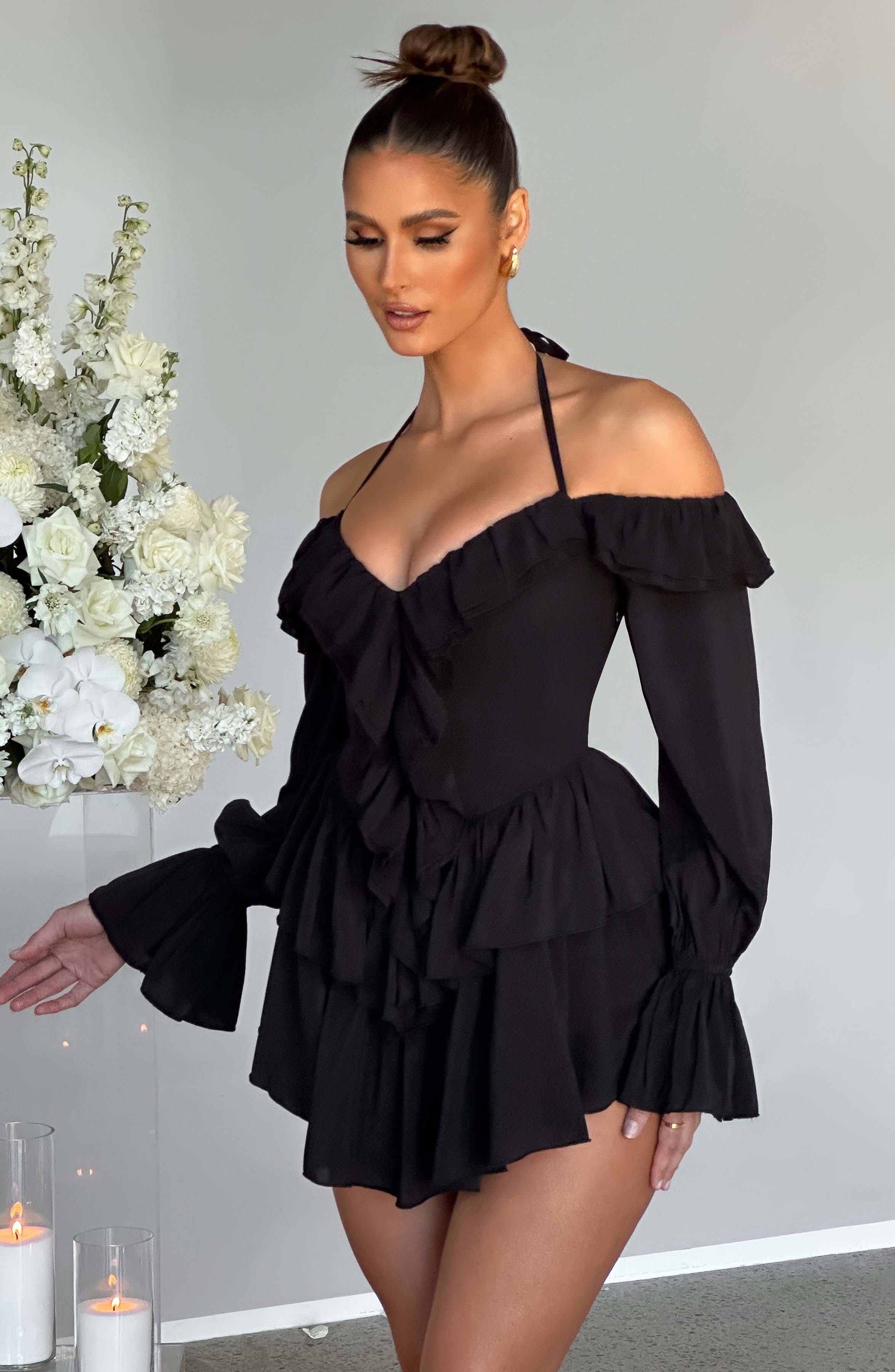 LYON OFF SHOULDER RUFFLE MINI DRESS - Black