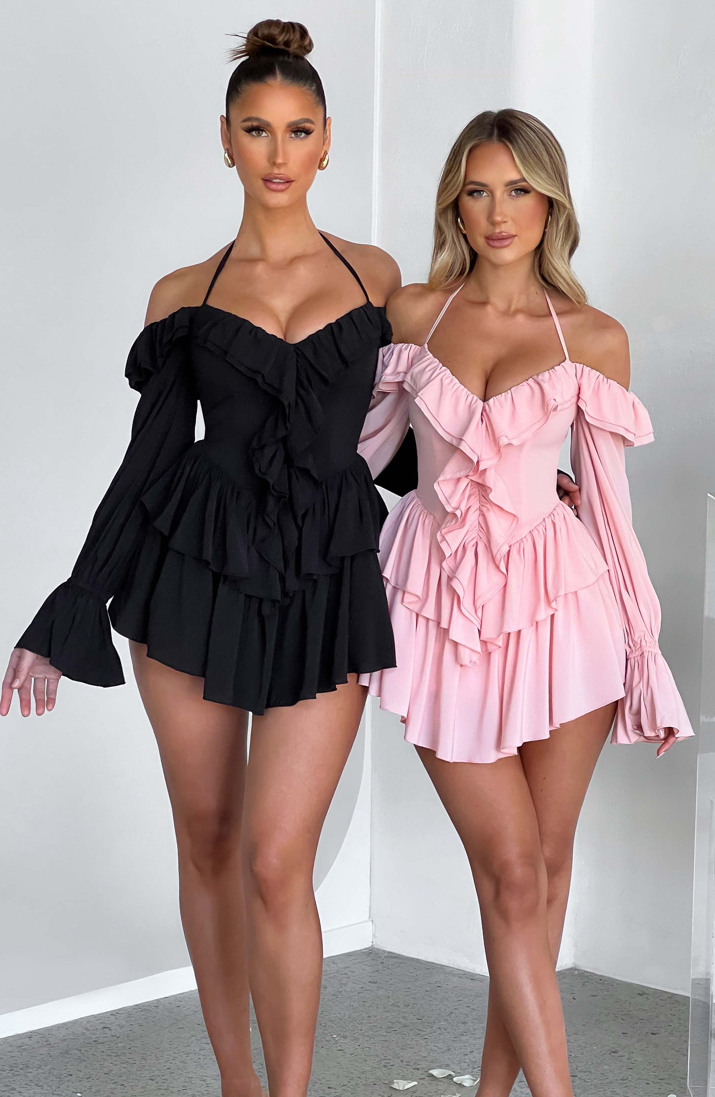 LYON OFF SHOULDER RUFFLE MINI DRESS - Black