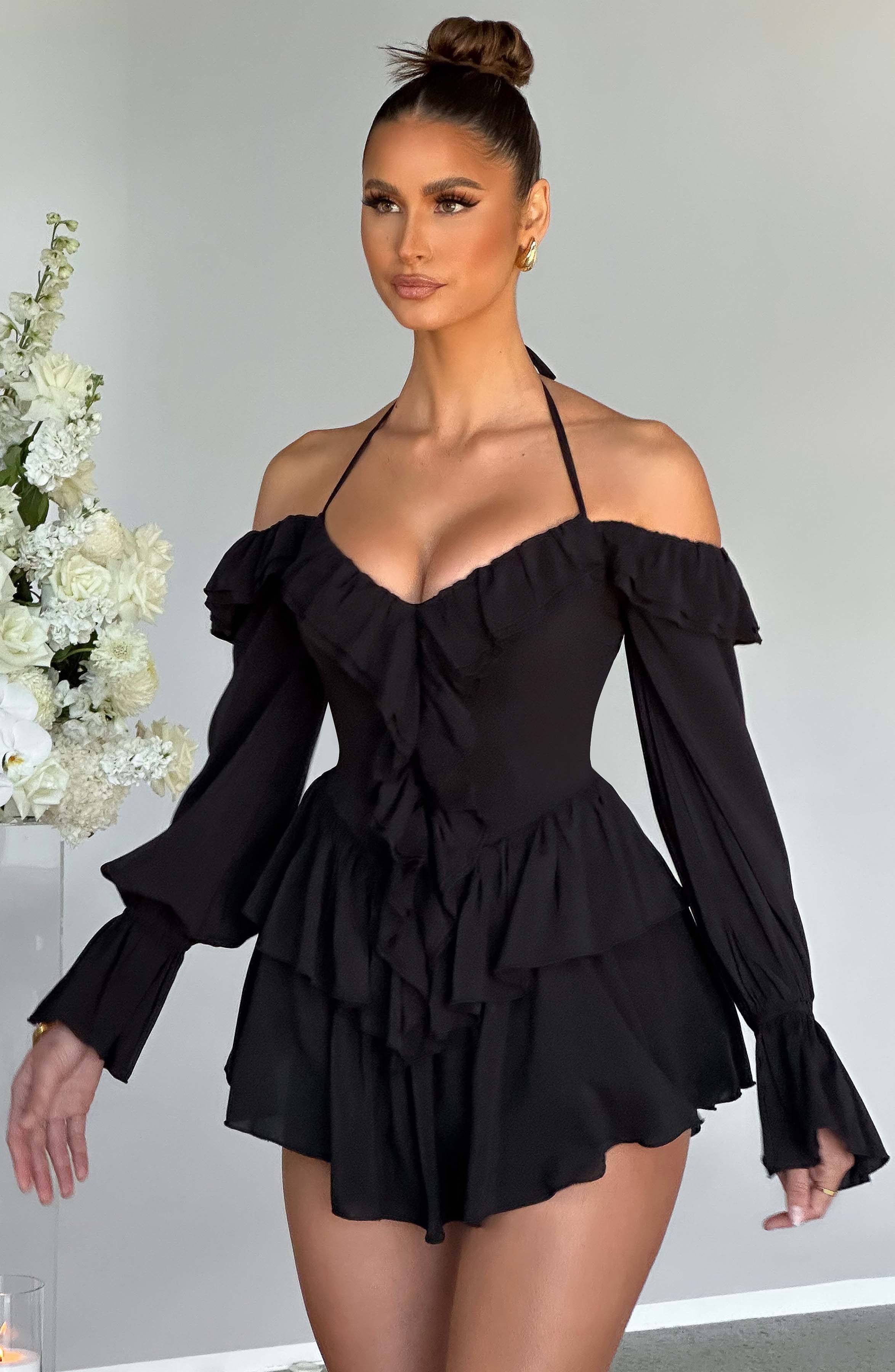 LYON OFF SHOULDER RUFFLE MINI DRESS - Black