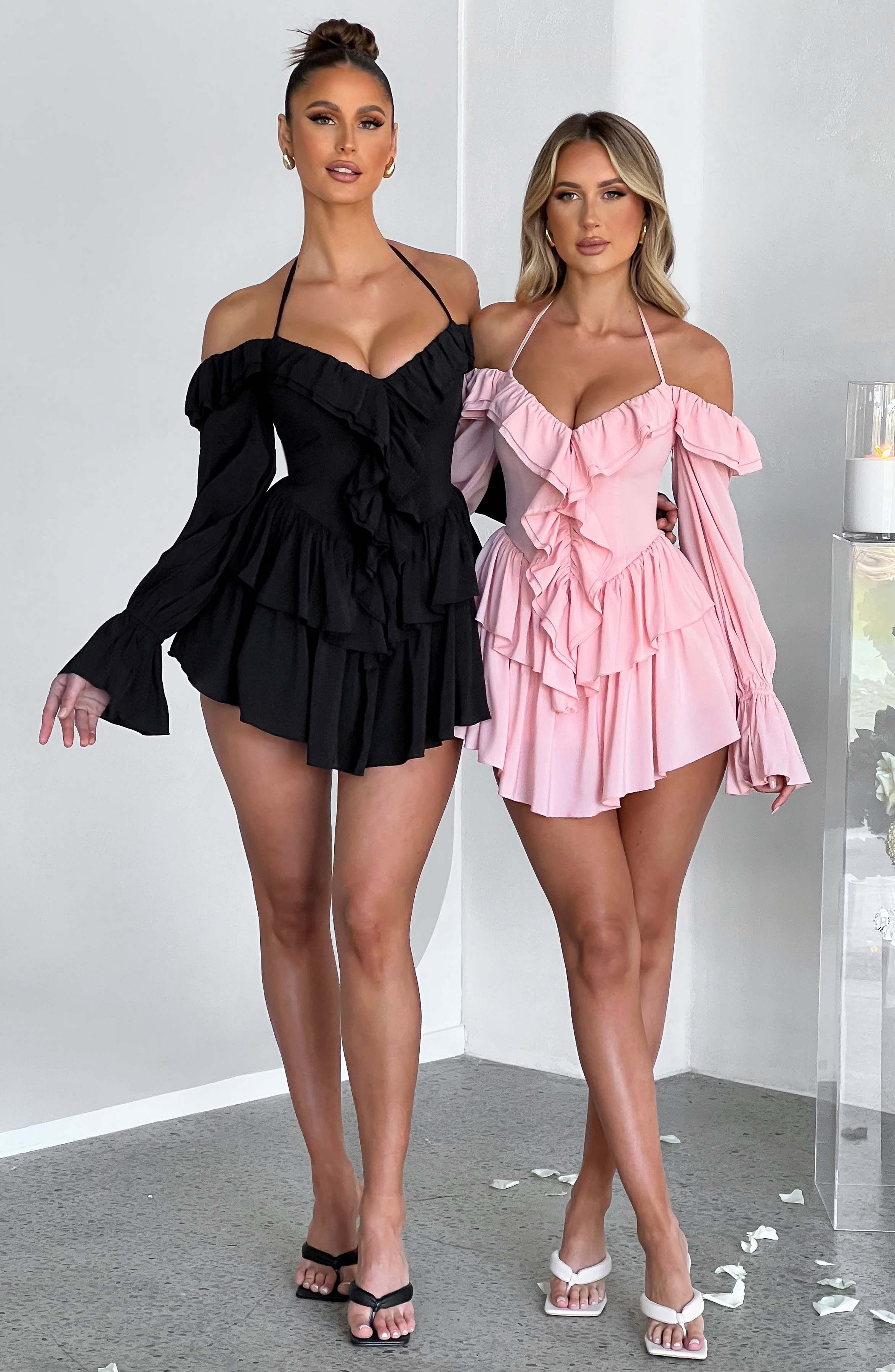 LYON OFF SHOULDER RUFFLE MINI DRESS - Black