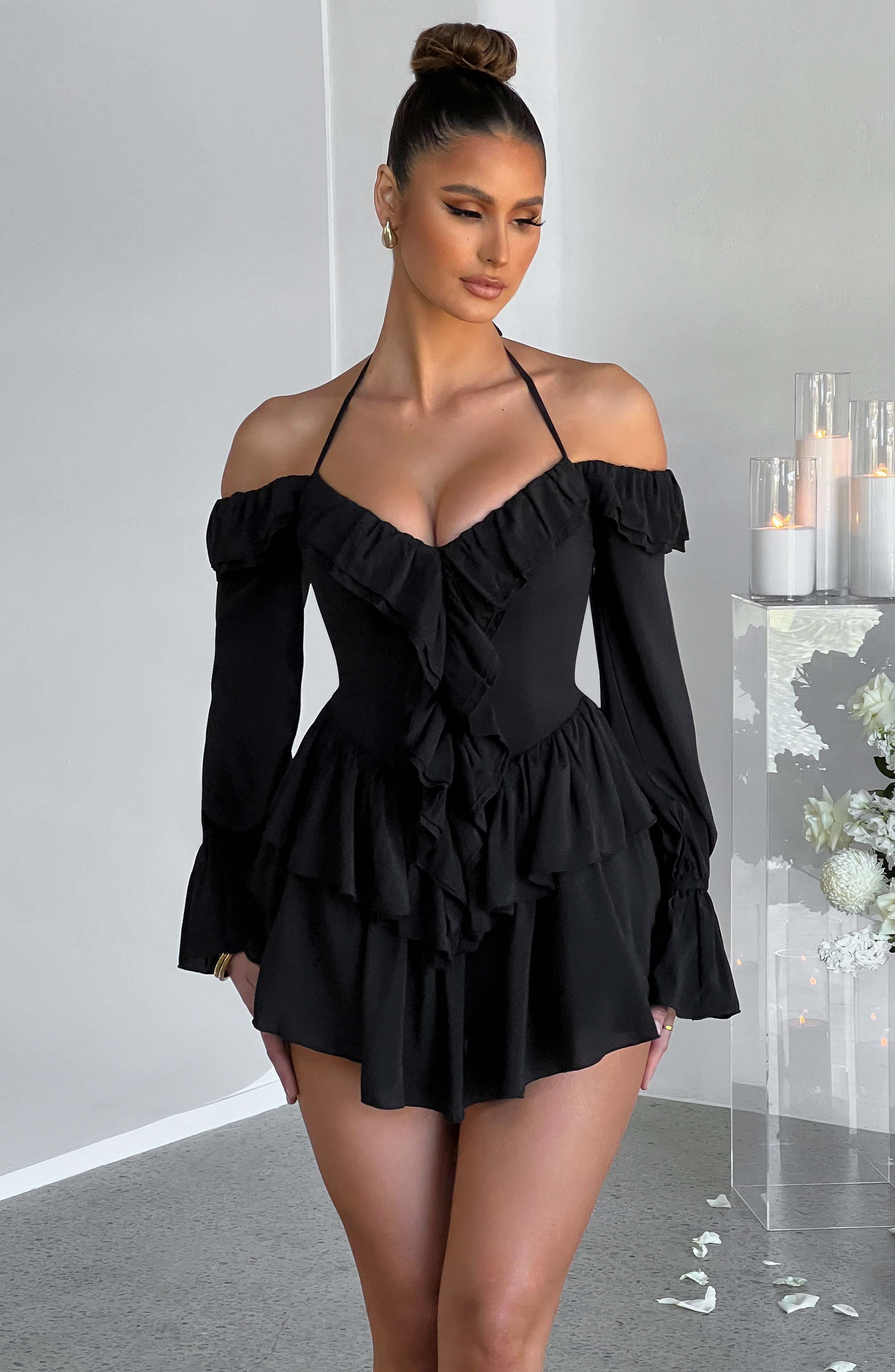 LYON OFF SHOULDER RUFFLE MINI DRESS - Black