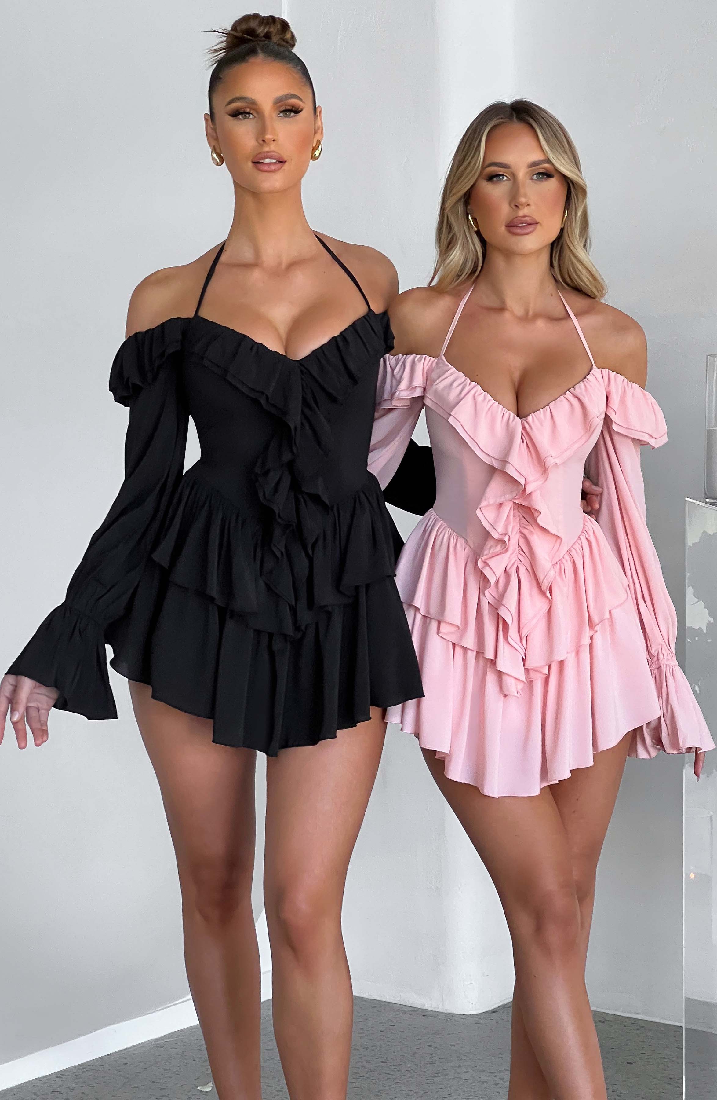 LYON OFF SHOULDER RUFFLE MINI DRESS - Black