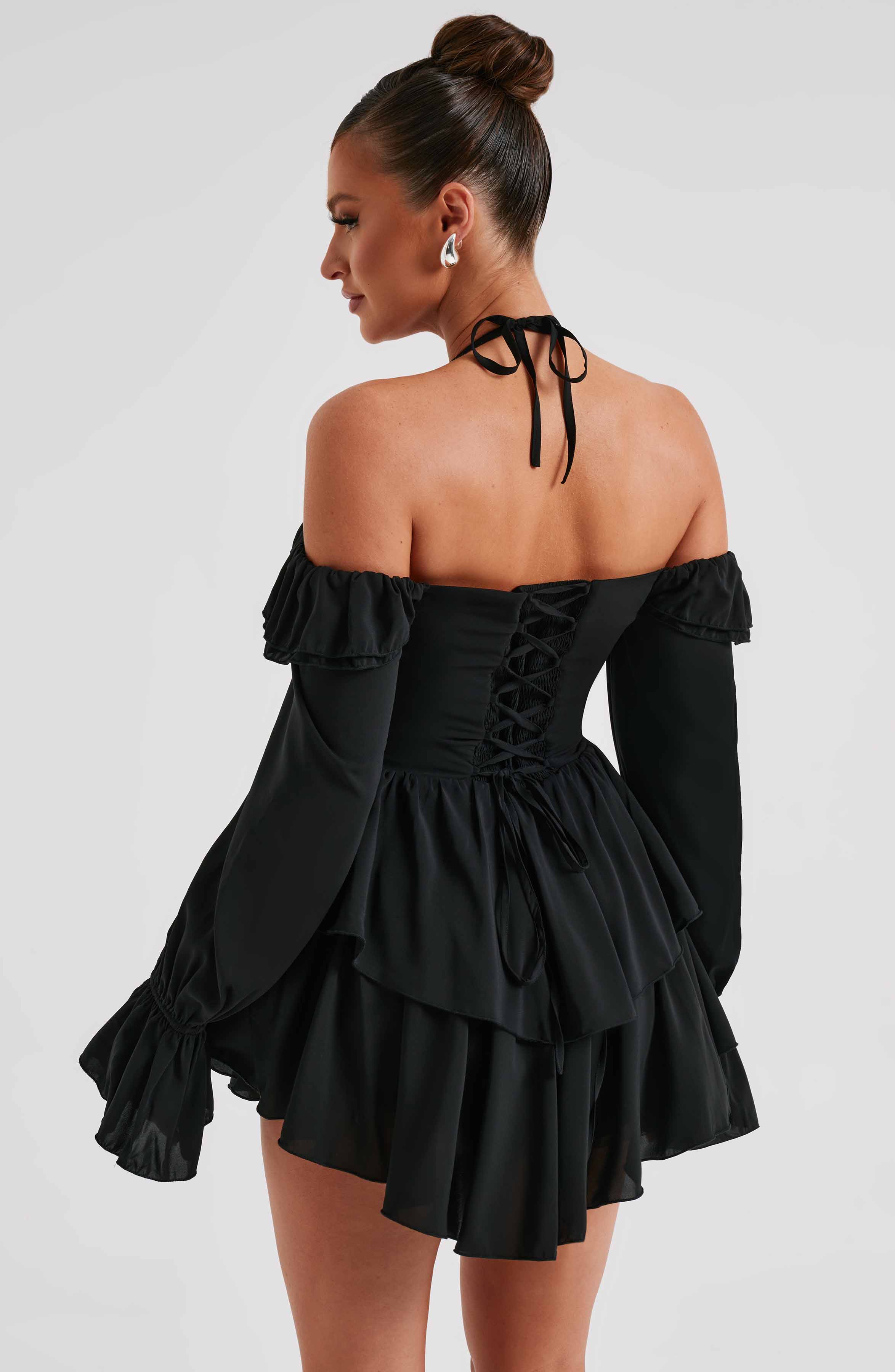 LYON OFF SHOULDER RUFFLE MINI DRESS - Black