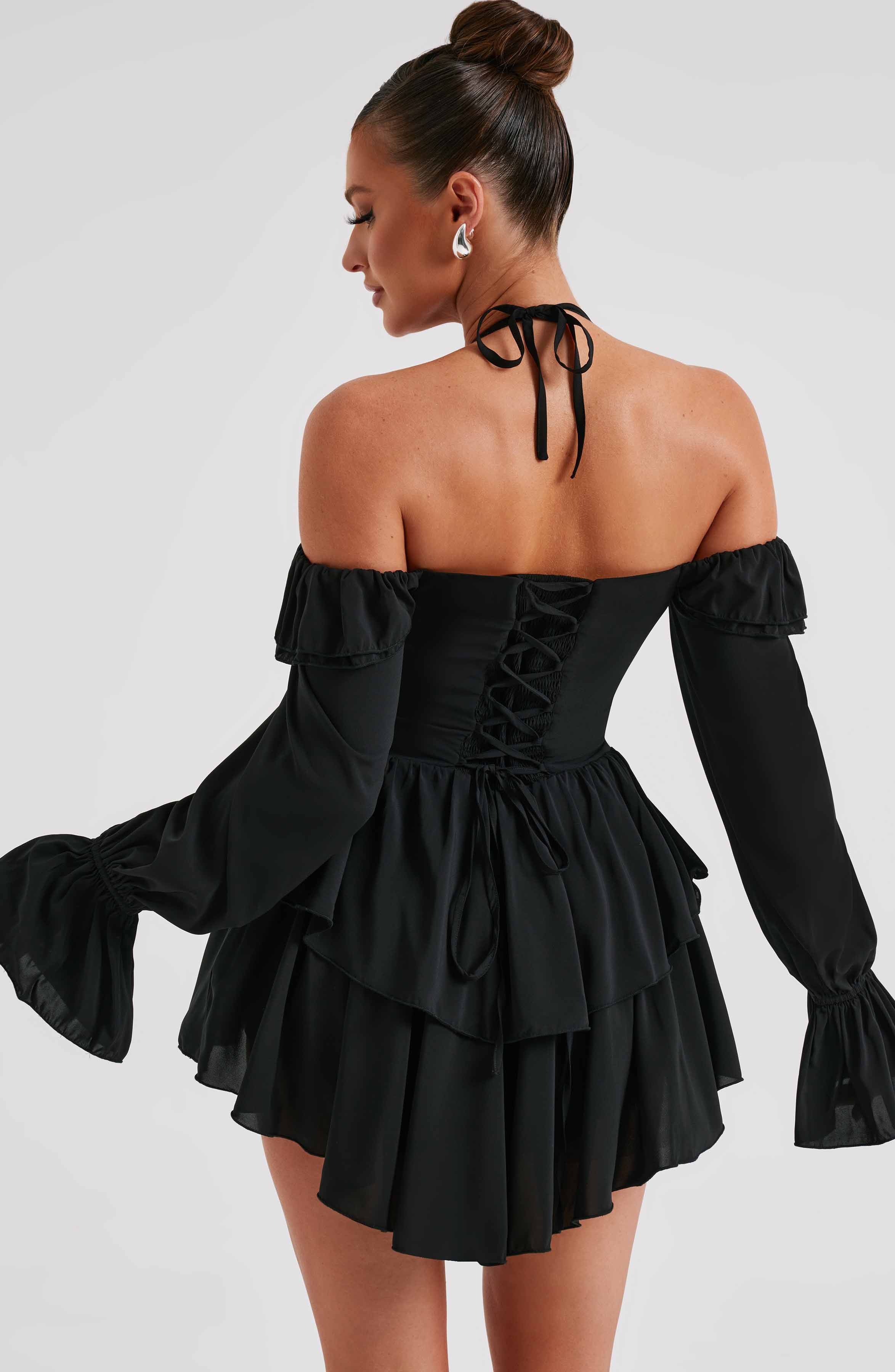 LYON OFF SHOULDER RUFFLE MINI DRESS - Black