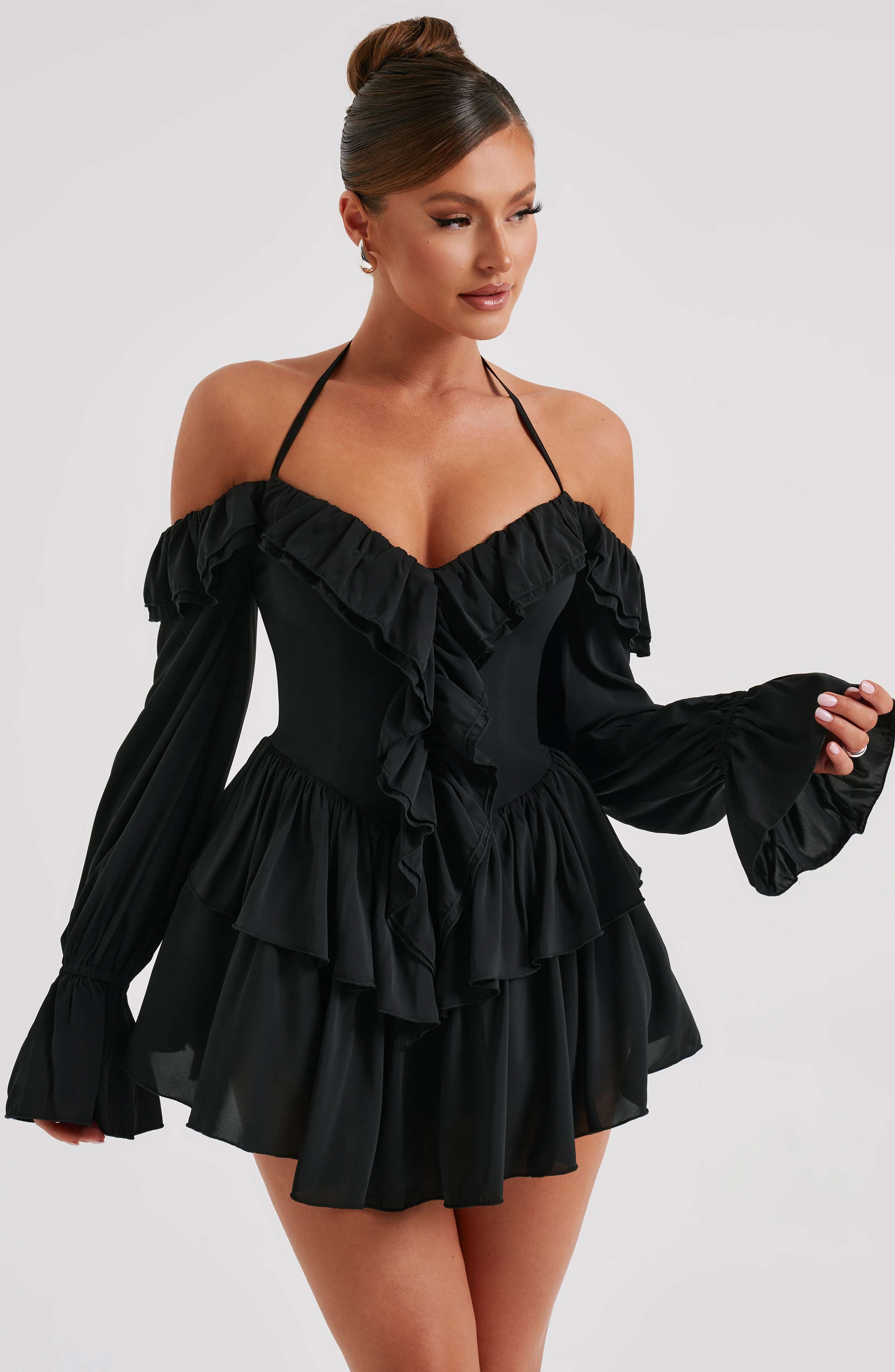 LYON OFF SHOULDER RUFFLE MINI DRESS - Black