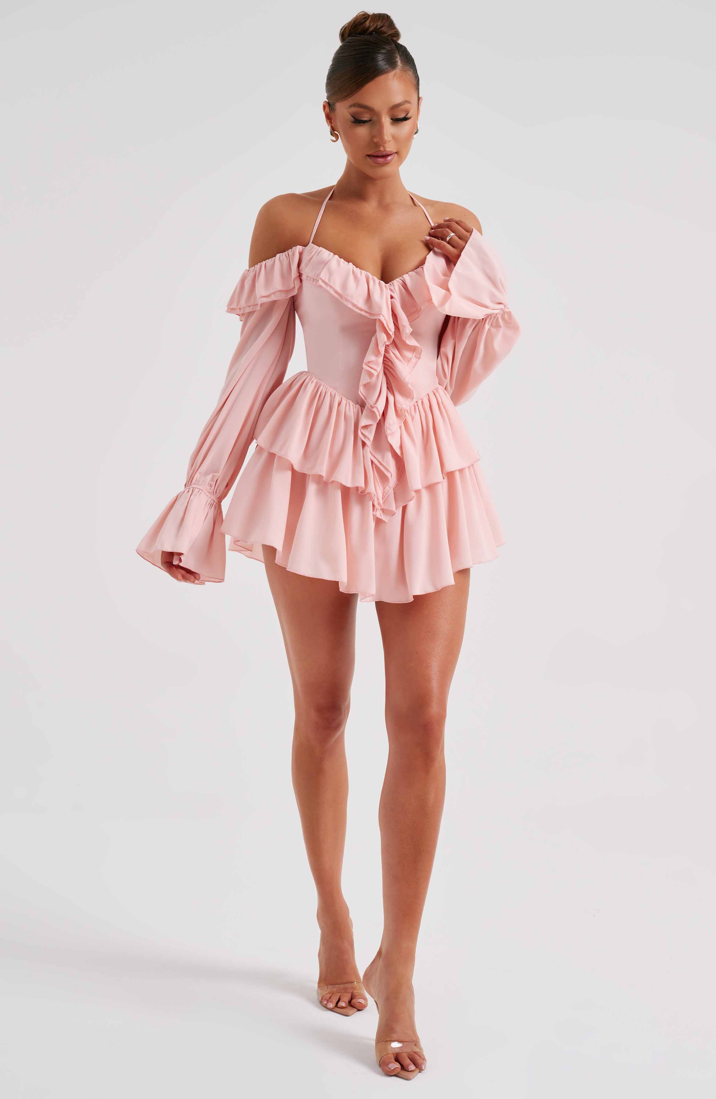 LYON OFF SHOULDER RUFFLE MINI DRESS - Pink