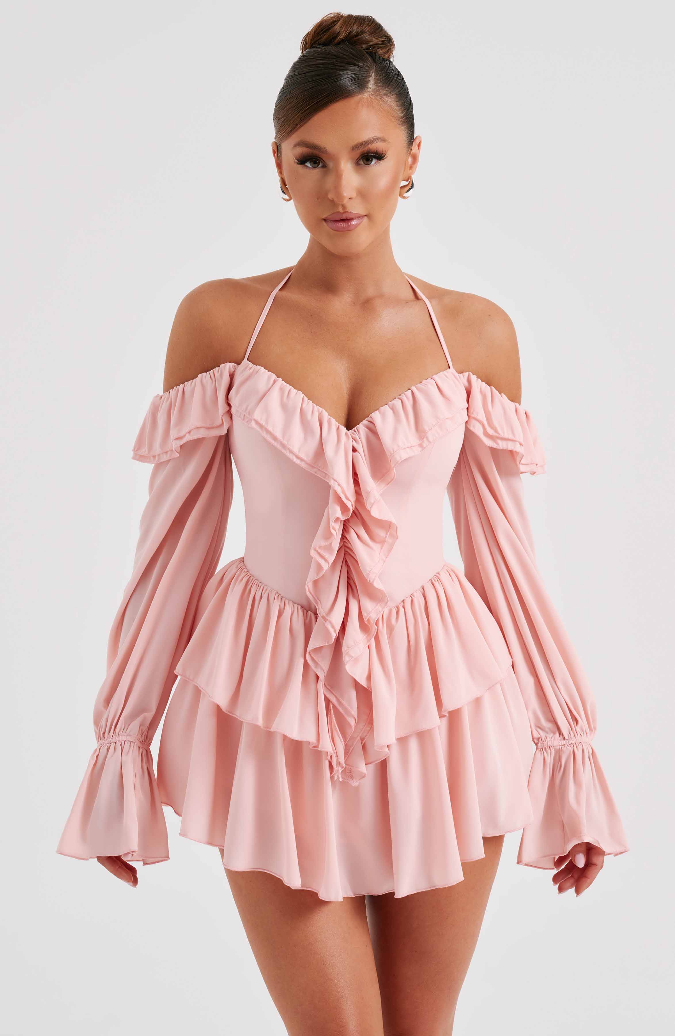 LYON OFF SHOULDER RUFFLE MINI DRESS - Pink