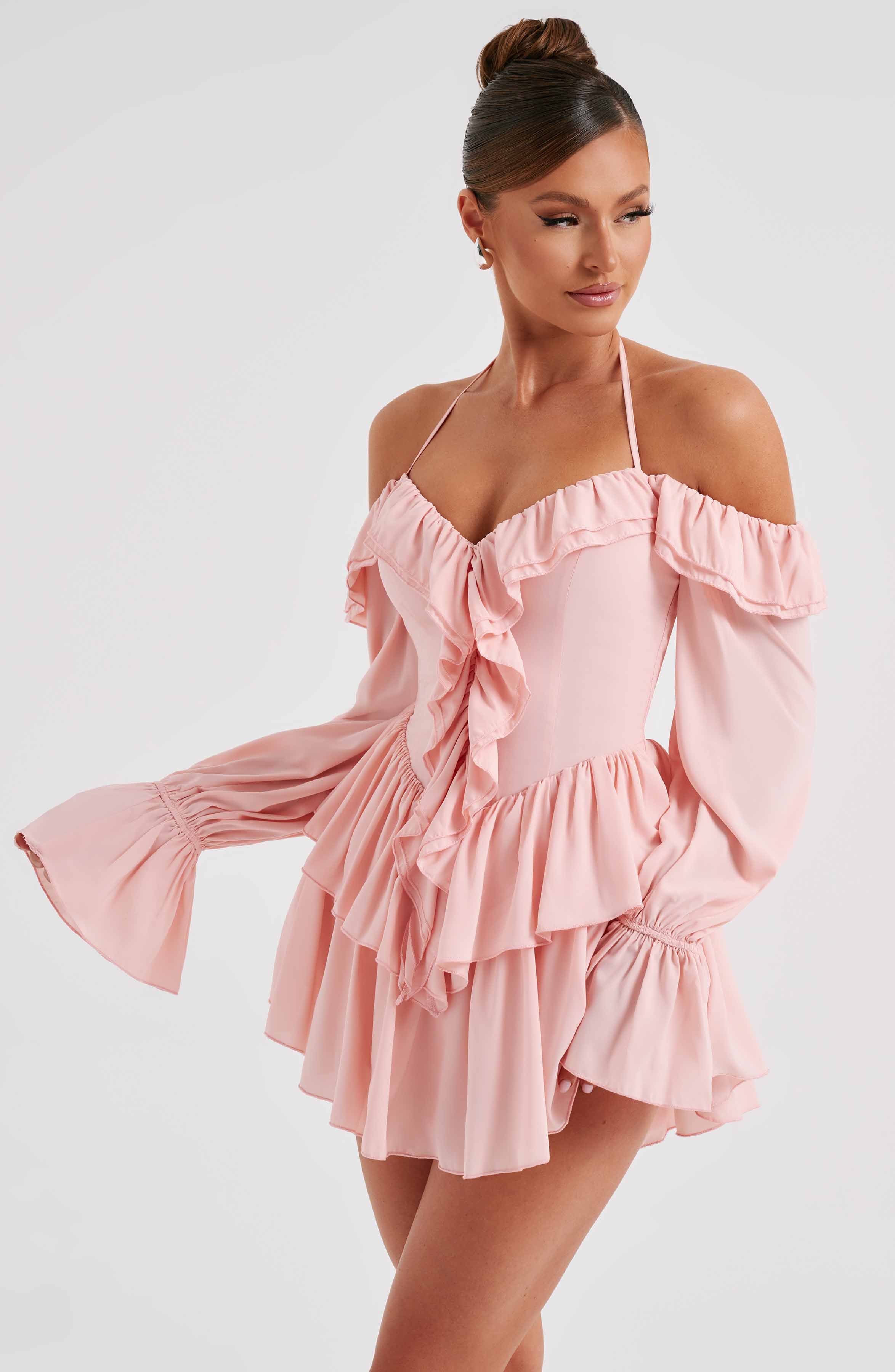 LYON OFF SHOULDER RUFFLE MINI DRESS - Pink