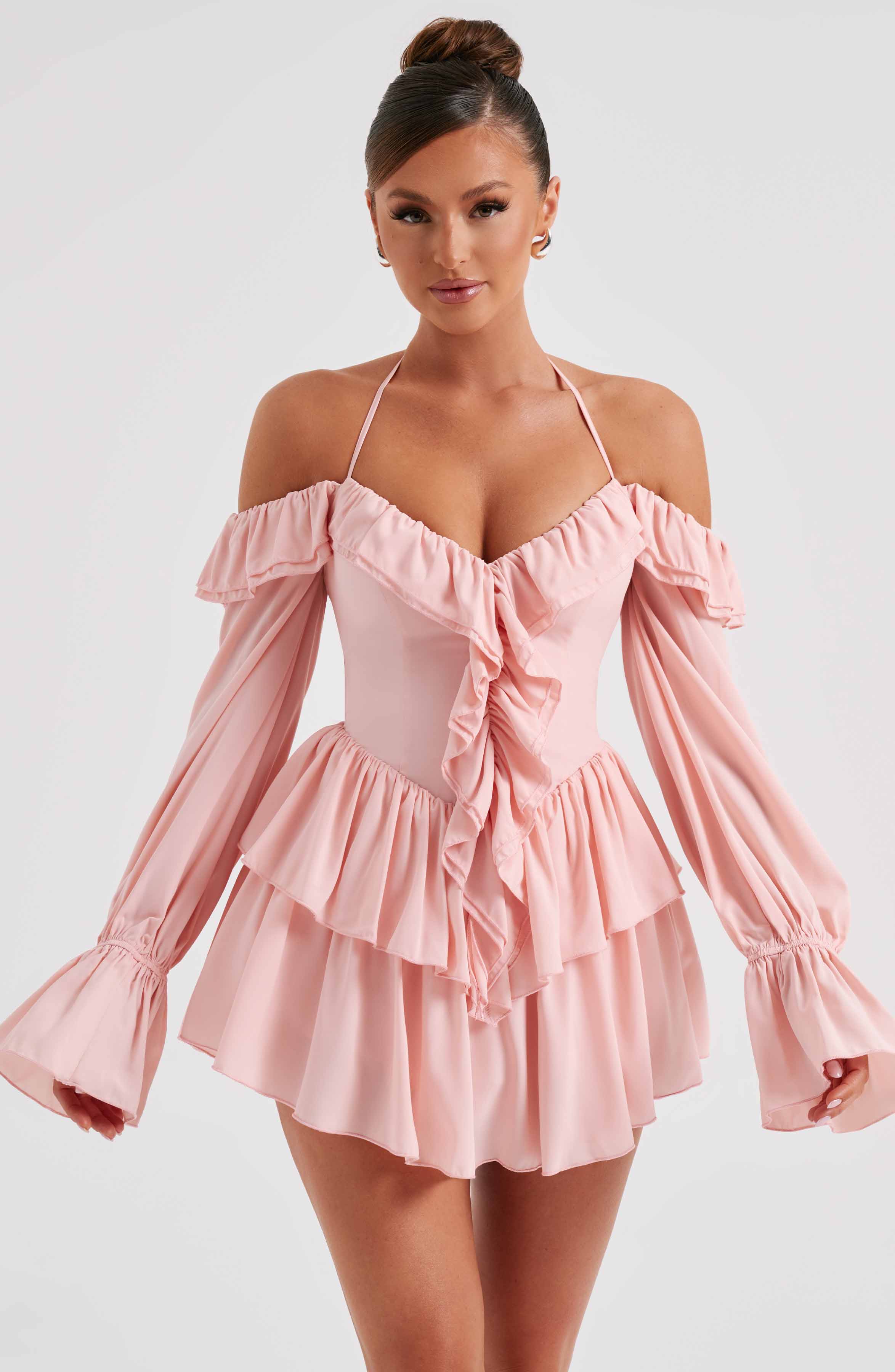 LYON OFF SHOULDER RUFFLE MINI DRESS - Pink