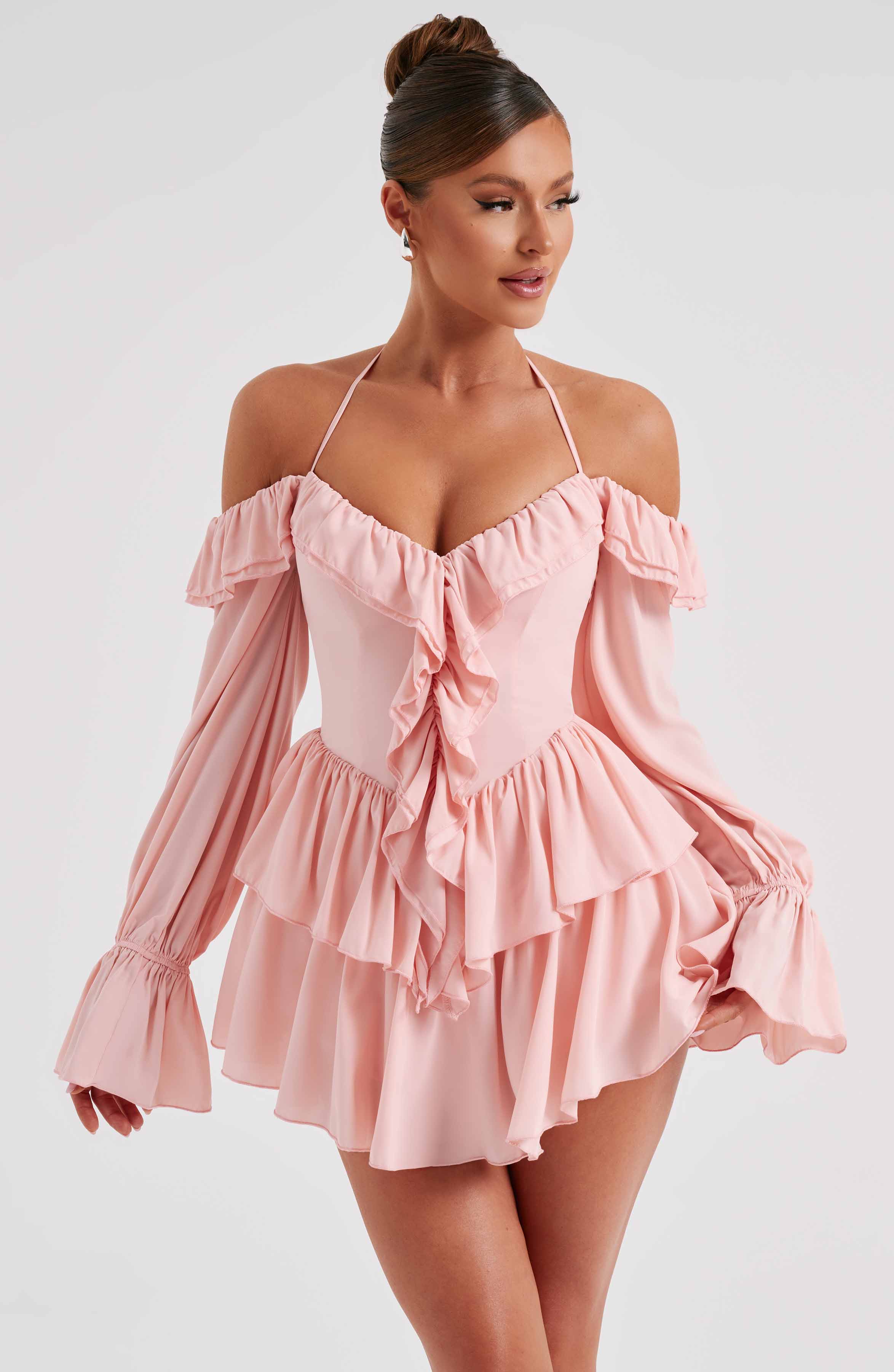 LYON OFF SHOULDER RUFFLE MINI DRESS - Pink