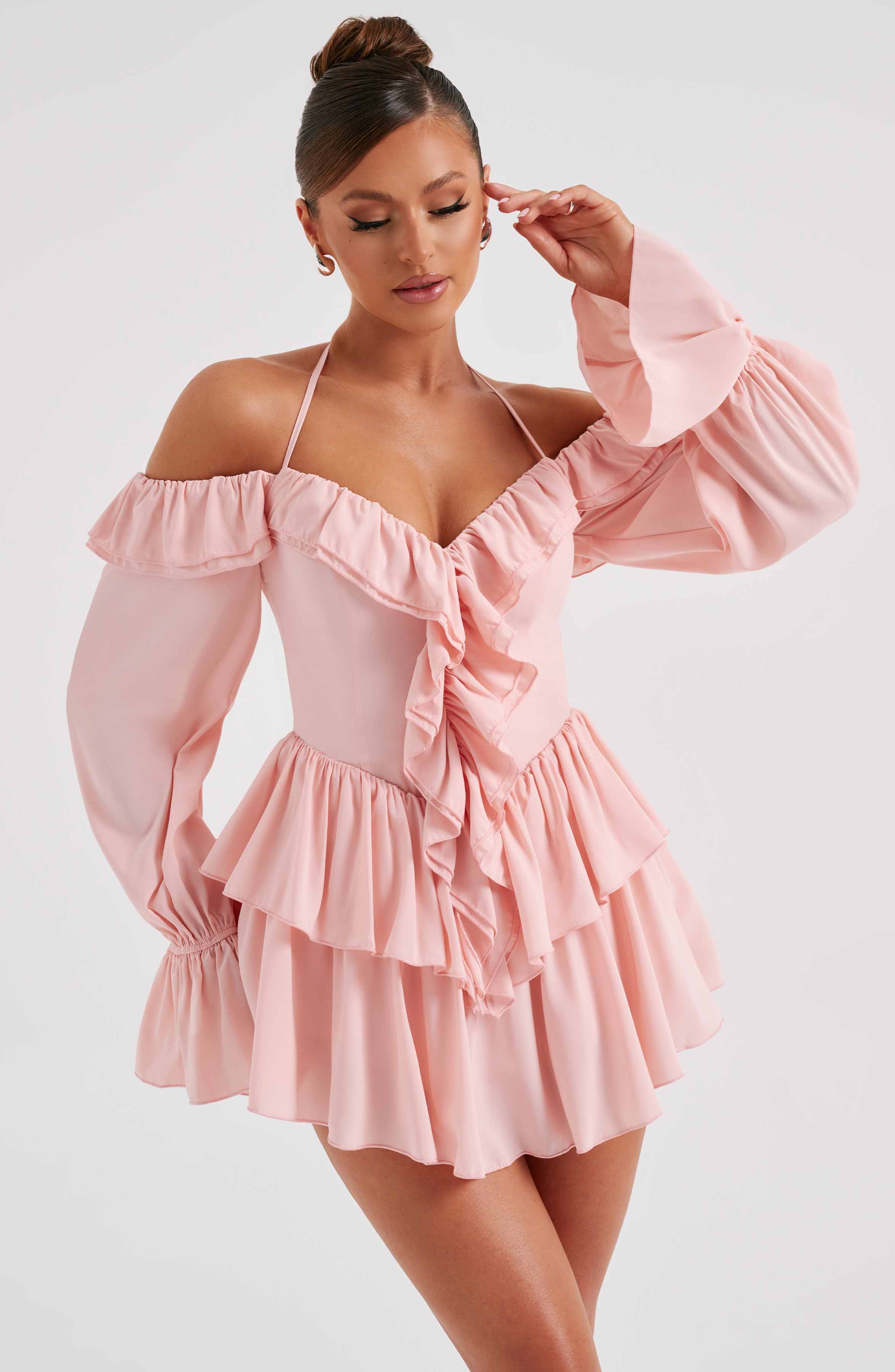 LYON OFF SHOULDER RUFFLE MINI DRESS - Pink