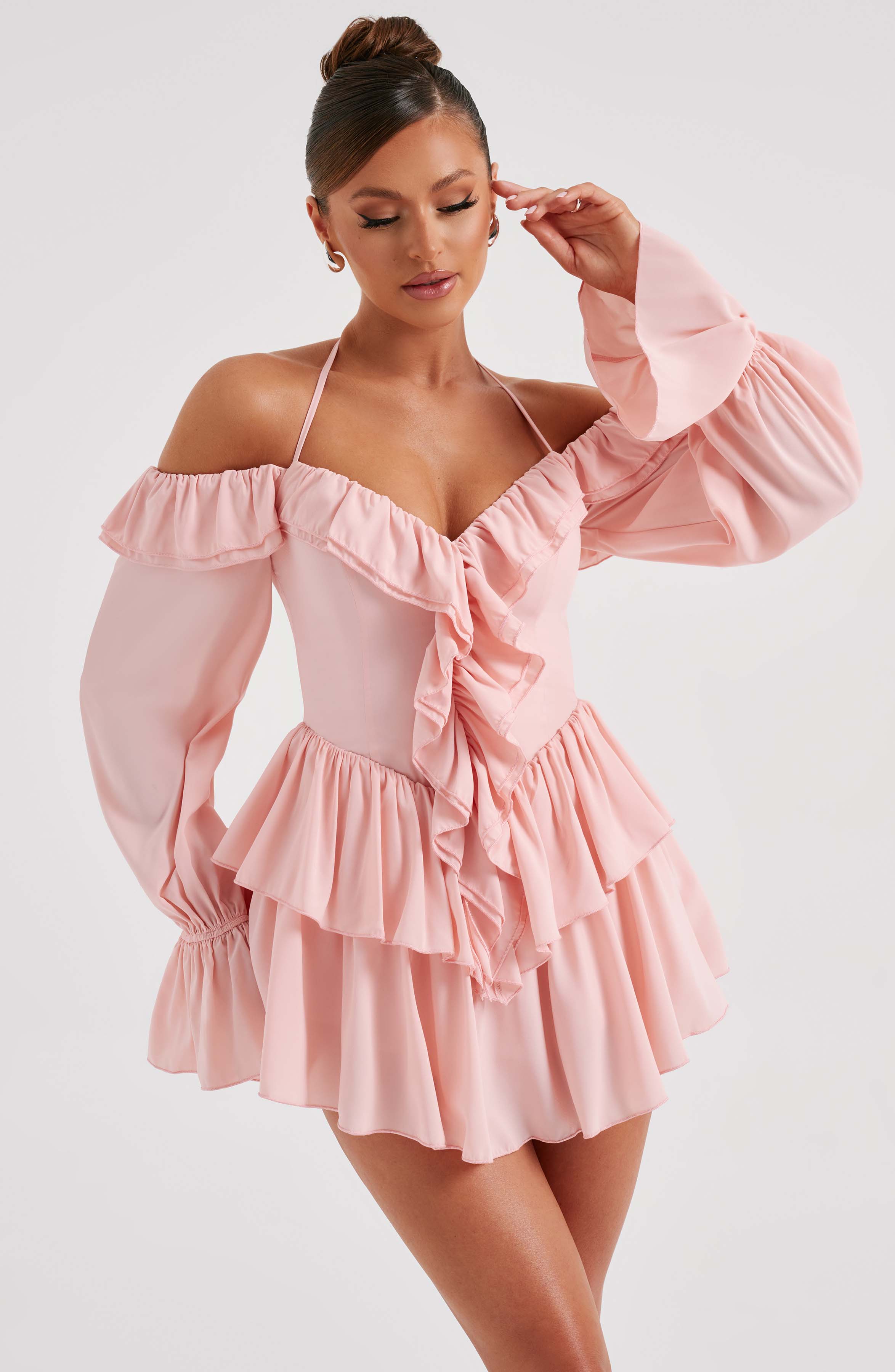 LYON OFF SHOULDER RUFFLE MINI DRESS - Pink