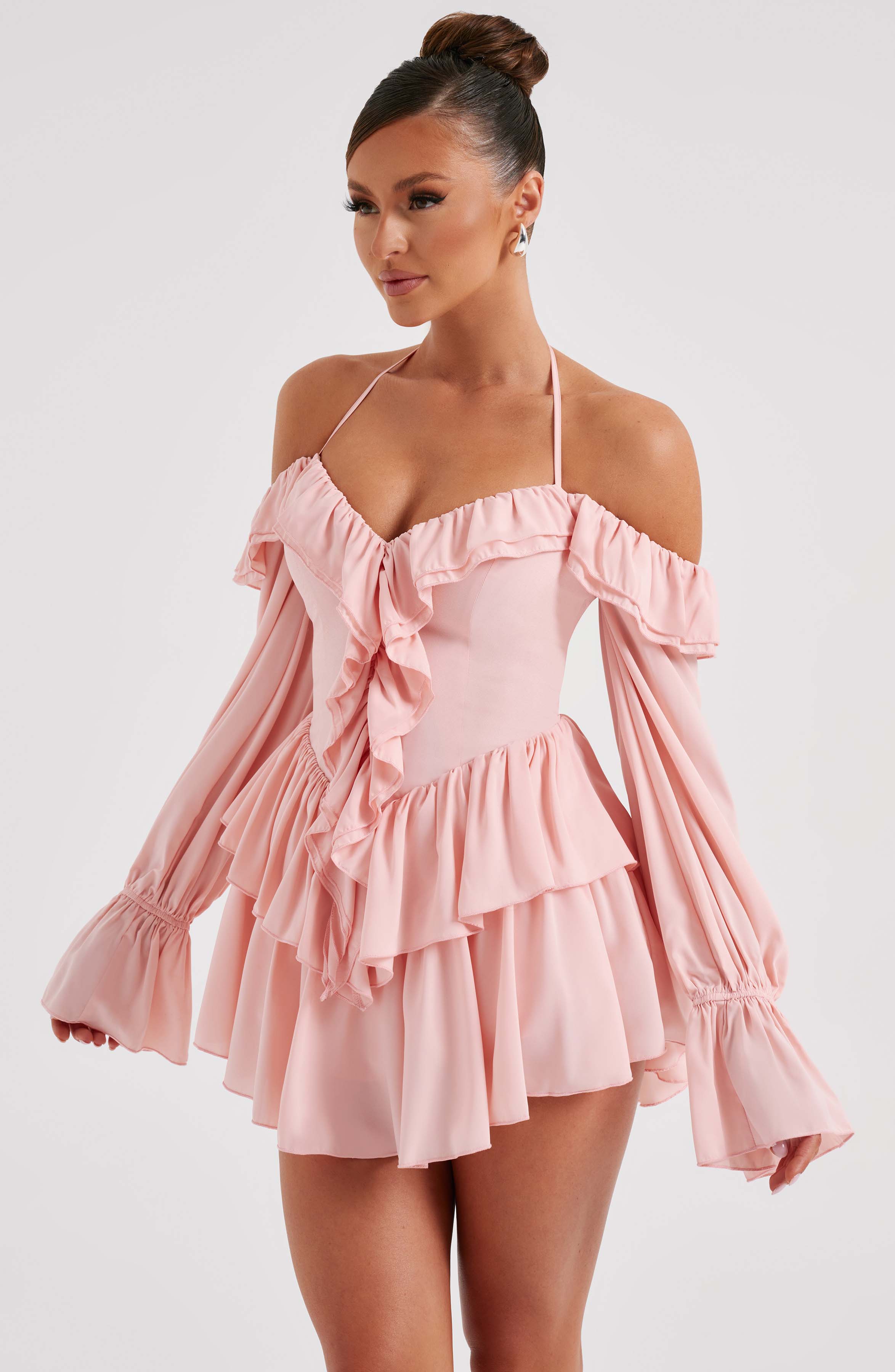 LYON OFF SHOULDER RUFFLE MINI DRESS - Pink