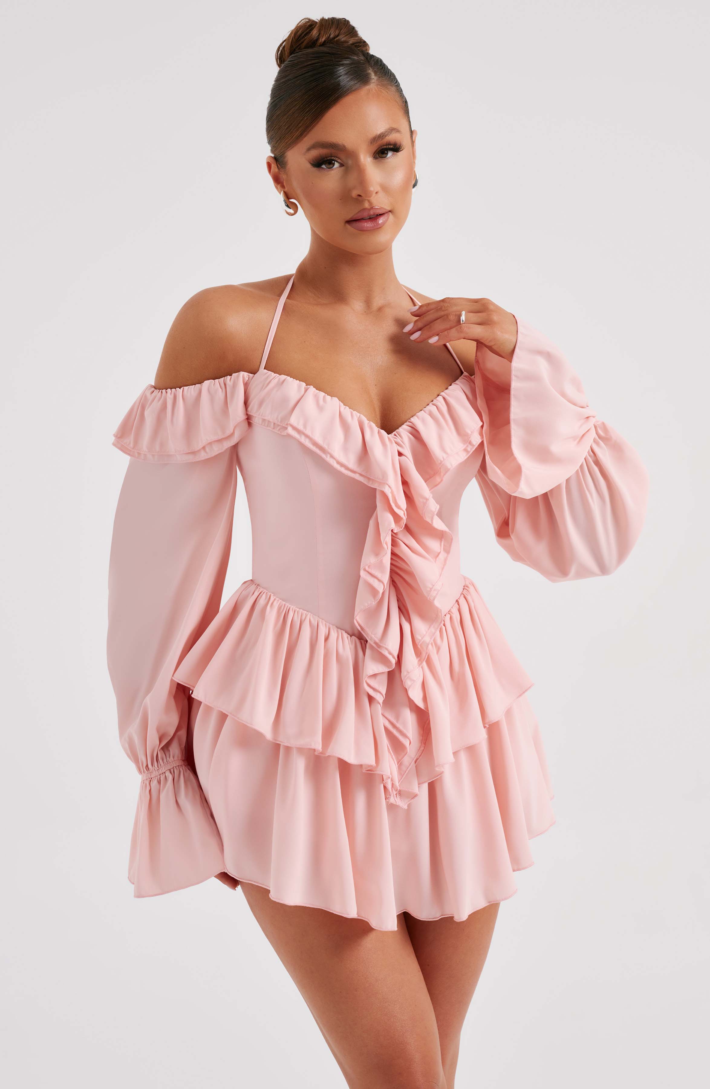 LYON OFF SHOULDER RUFFLE MINI DRESS - Pink