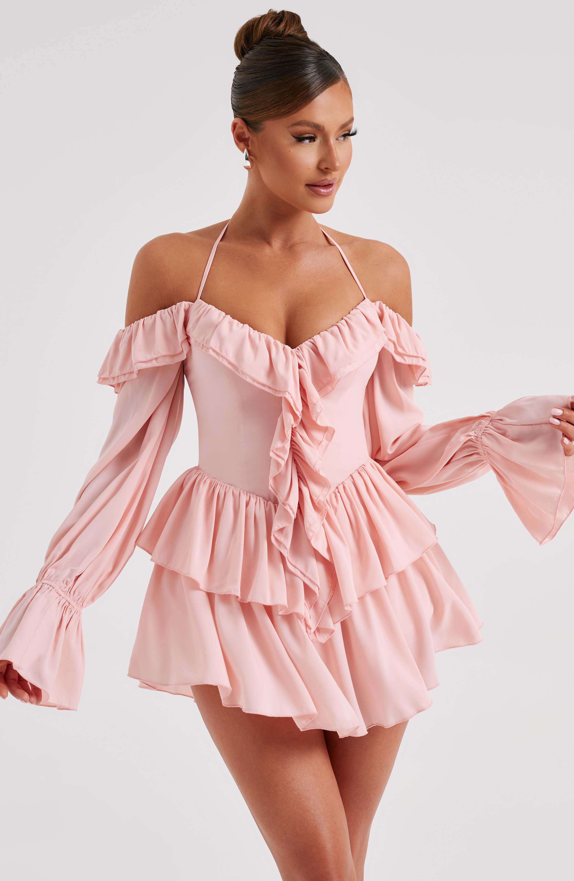 LYON OFF SHOULDER RUFFLE MINI DRESS - Pink